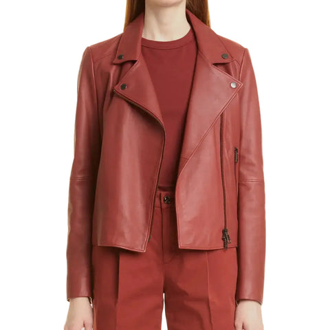Women's Plain Red Leather Biker Jacket