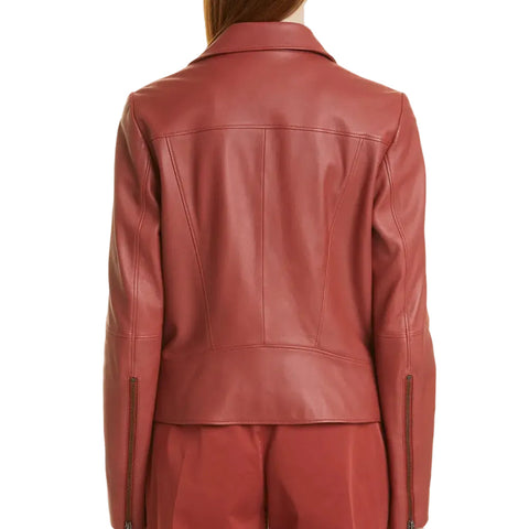 Women's Plain Red Leather Biker Jacket