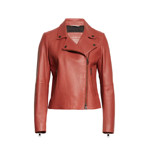 Women's Plain Red Leather Biker Jacket