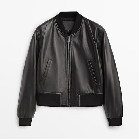women’s sheepskin leather aviator jacket front view
