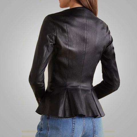 Women's Stretch Cotten Concealed Zip Black Leather Shirt