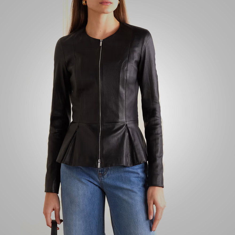 Women's Stretch Cotten Concealed Zip Black Leather Shirt