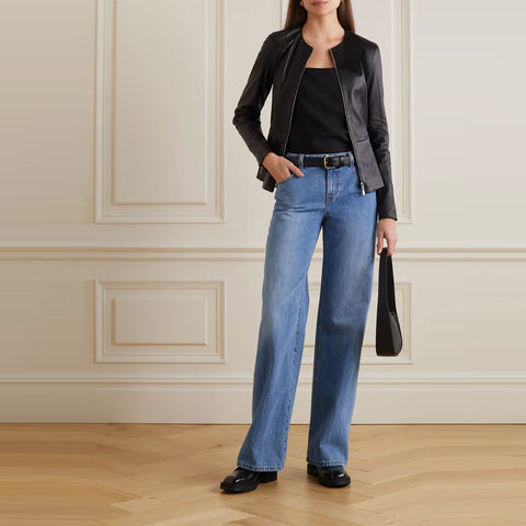 Women's Stretch Cotten Concealed Zip Black Leather Shirt