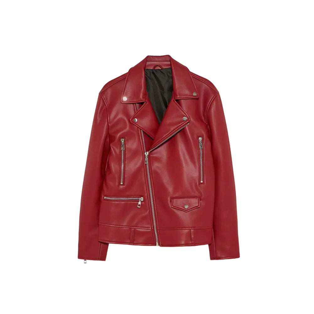 Women's Utility Red Leather Biker Jacket