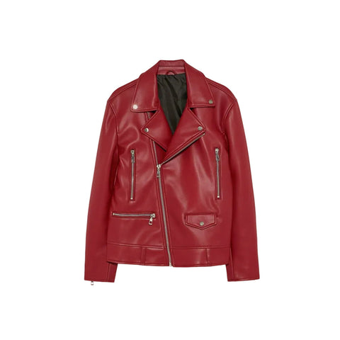 Women's Utility Red Leather Biker Jacket