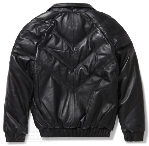 women's black leather bomber jacket amelie back view