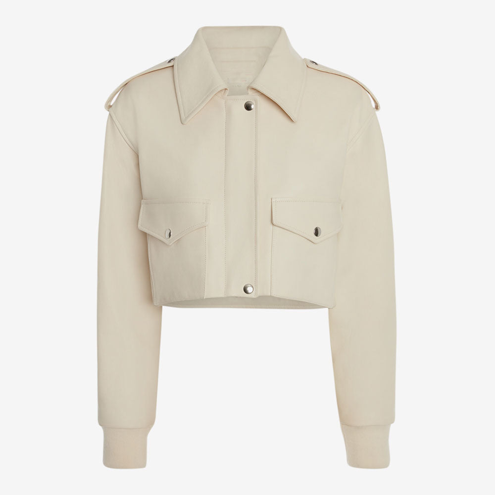 women’s white sheepskin leather aviator jacket front view
