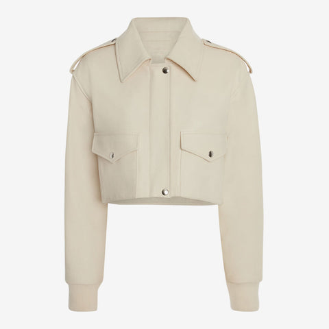 women’s white sheepskin leather aviator jacket front view