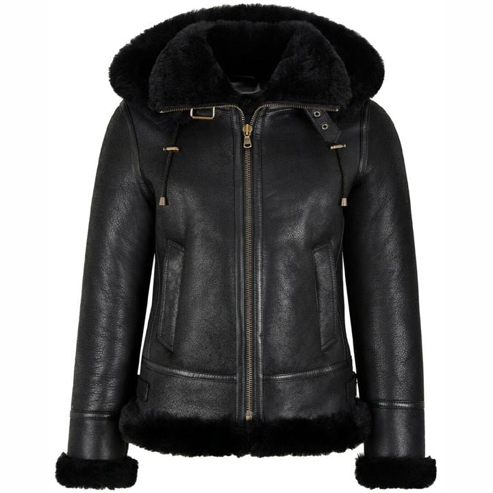 Women's B3 Bomber Classic Shearling Jacket with Hood - AMSEL LEATHERS