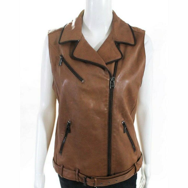 Women's Belted Lambskin Leather Motorcycle Vest - AMSEL LEATHERS