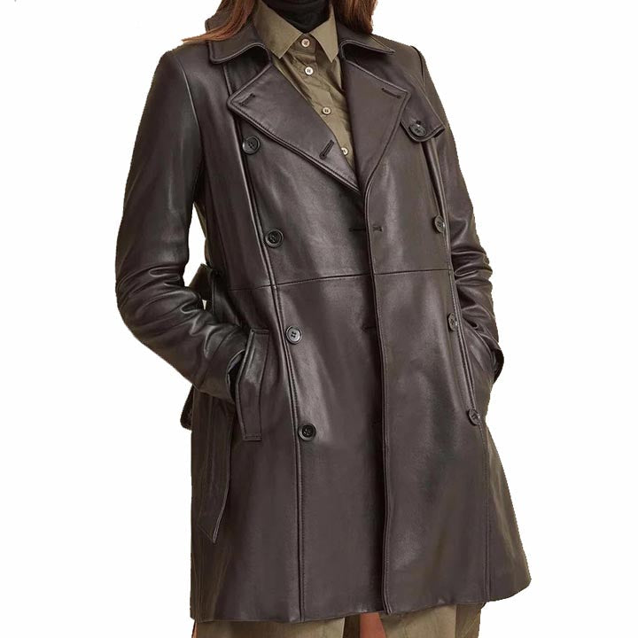 Women's Belted Style Double Breasted Black Leather Trench Coat - AMSEL LEATHERS