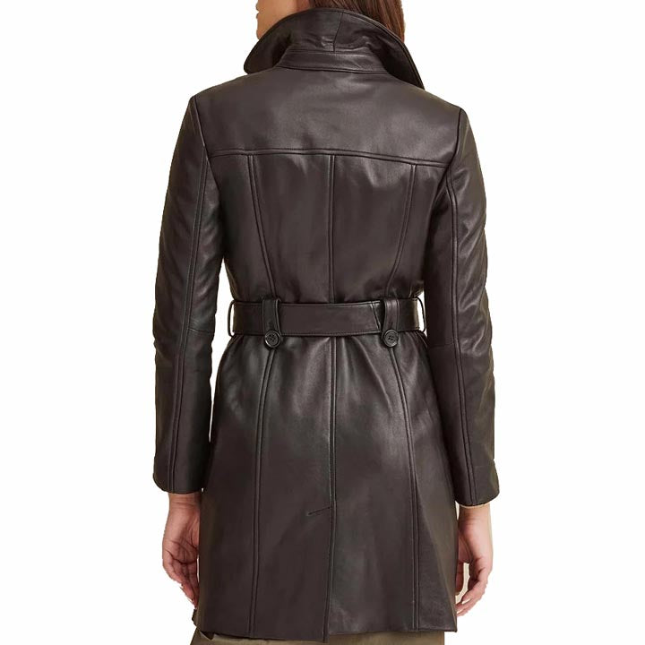 Women's Belted Style Double Breasted Black Leather Trench Coat - AMSEL LEATHERS