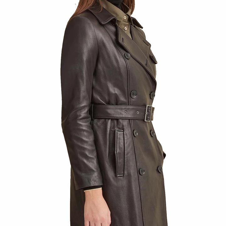 Women's Belted Style Double Breasted Black Leather Trench Coat - AMSEL LEATHERS