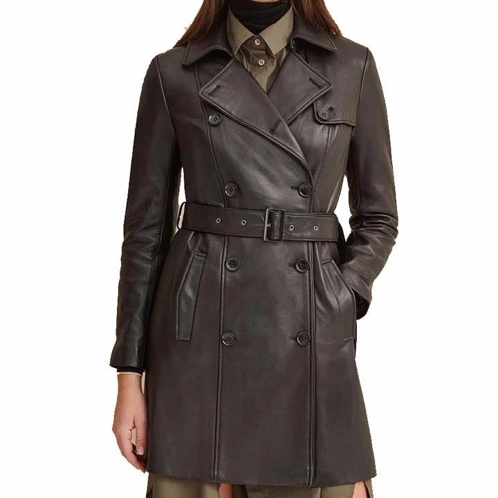 Women's Belted Style Double Breasted Black Leather Trench Coat - AMSEL LEATHERS