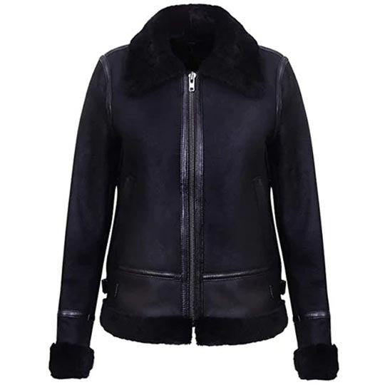 Women's Black Aviator Sheepskin Shearling Leather Biker Jacket - AMSEL LEATHERS