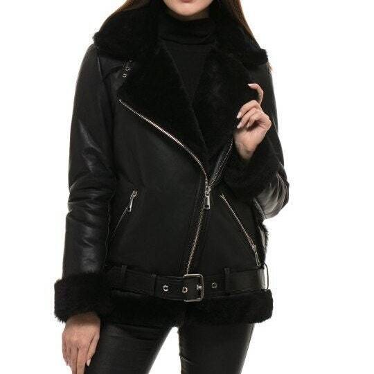 Women's Black B3 Shearling Bomber Jacket - AMSEL LEATHERS