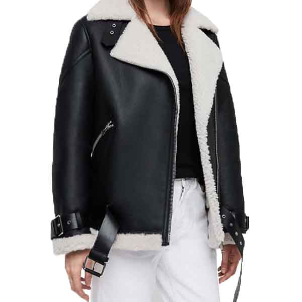 Women’s Black Shearling Biker Jacket - AMSEL LEATHERS