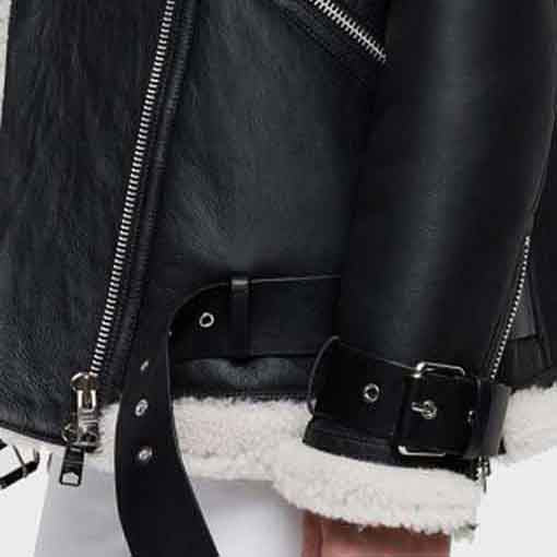 Women’s Black Shearling Biker Jacket - AMSEL LEATHERS