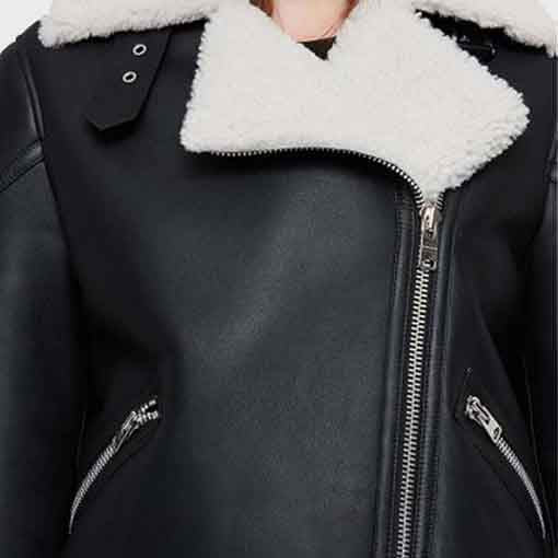 Women’s Black Shearling Biker Jacket - AMSEL LEATHERS