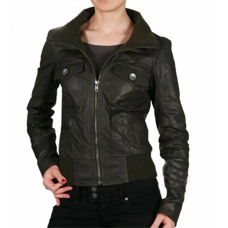 Women's Black Genuine Leather Bomber Jacket - AMSEL LEATHERS