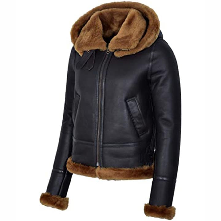 Women's Black Hooded Sheepskin Flying B3 Shearling Bomber Jacket - AMSEL LEATHERS