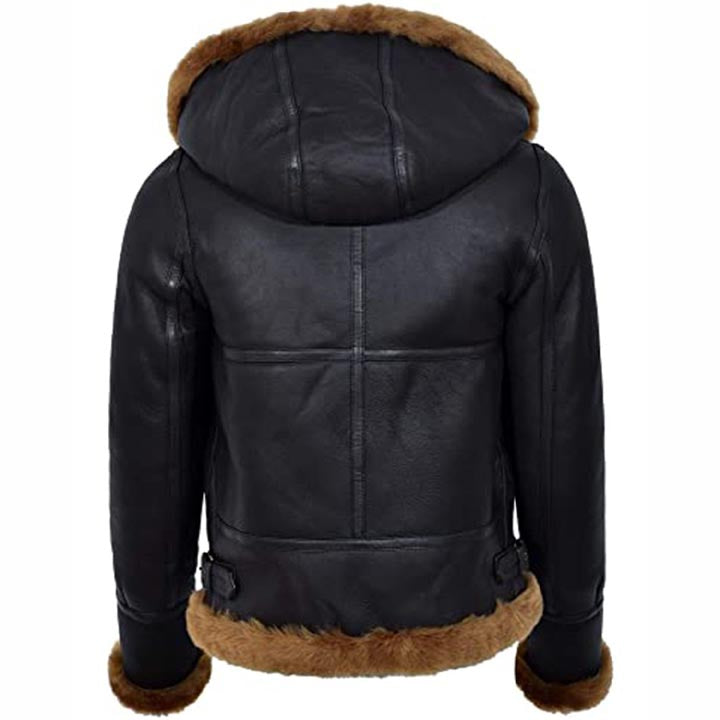 Women's Black Hooded Sheepskin Flying B3 Shearling Bomber Jacket - AMSEL LEATHERS