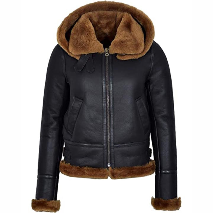 Women's Black Hooded Sheepskin Flying B3 Shearling Bomber Jacket - AMSEL LEATHERS