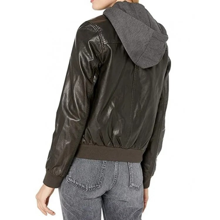 Women's Black Leather Bomber Jacket with Hood - AMSEL LEATHERS