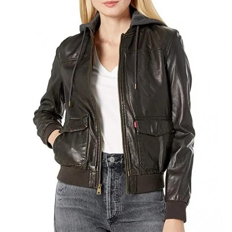 Women's Black Leather Bomber Jacket with Hood - AMSEL LEATHERS