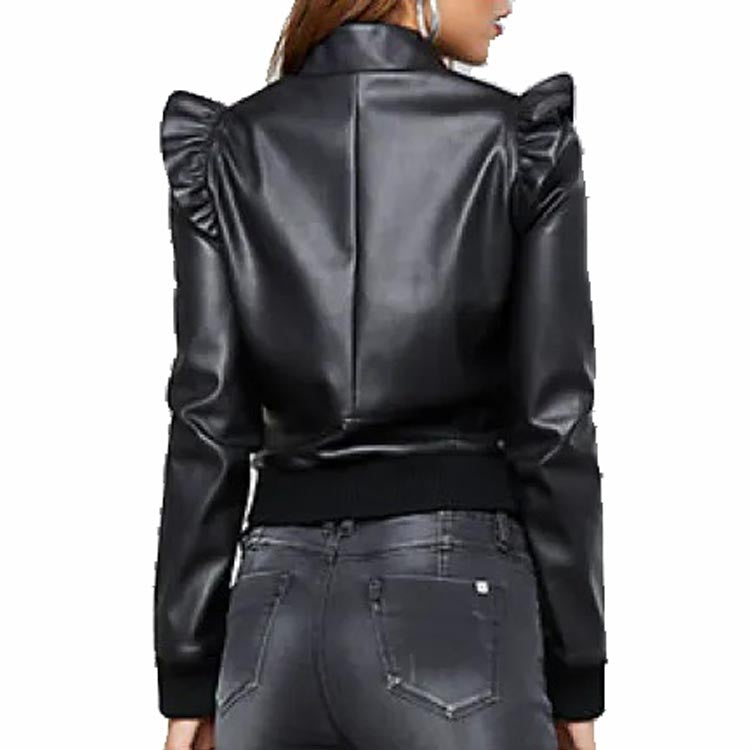 Women's Black Leather Bomber Jacket with Ruffled Shoulders - AMSEL LEATHERS