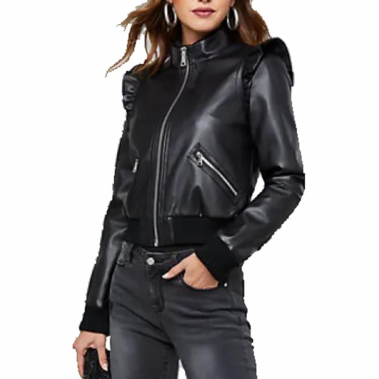 Women's Black Leather Bomber Jacket with Ruffled Shoulders - AMSEL LEATHERS