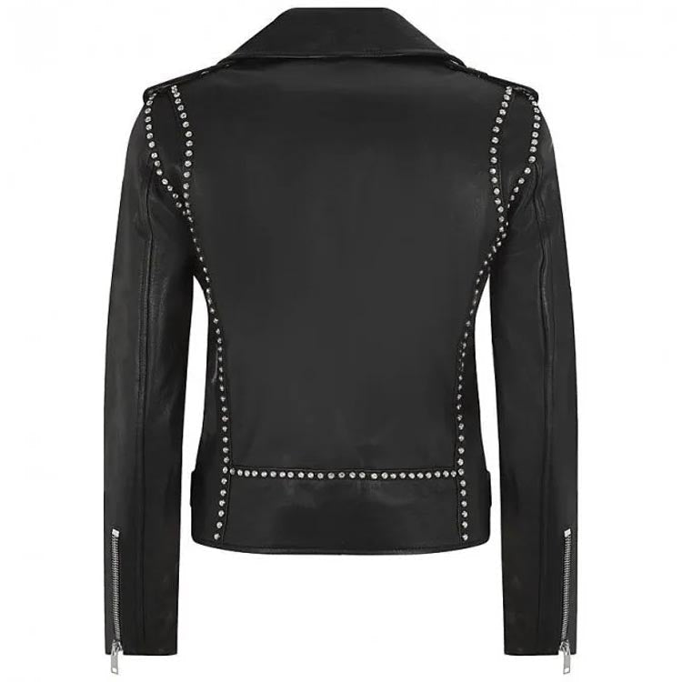 Women's Black Leather Motorcycle Jacket with Studs - AMSEL LEATHERS