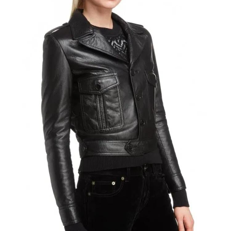 Women's Black Leather Motorcycle Jacket With Button Front - AMSEL LEATHERS