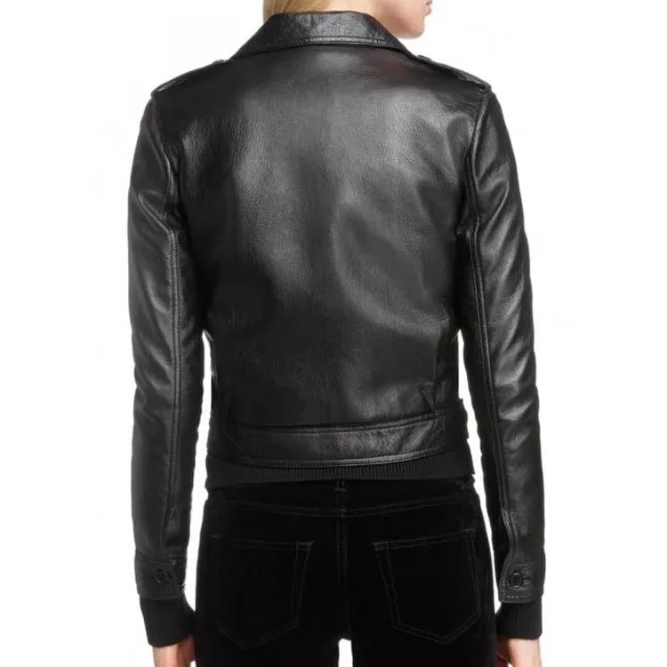 Women's Black Leather Motorcycle Jacket With Button Front - AMSEL LEATHERS