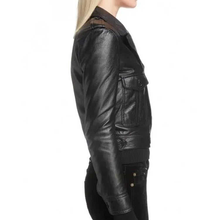 Women's Black Leather Motorcycle Jacket With Button Front - AMSEL LEATHERS