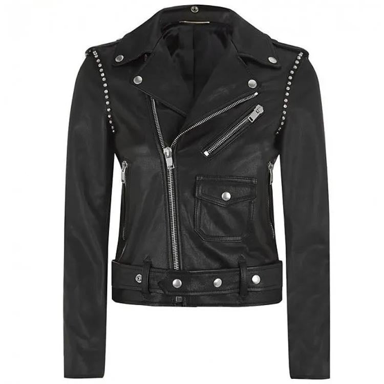 Women's Black Leather Motorcycle Jacket with Studs - AMSEL LEATHERS