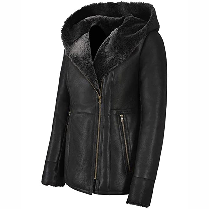 Women's Black Leather Shearling Fur Jacket with Hood - AMSEL LEATHERS