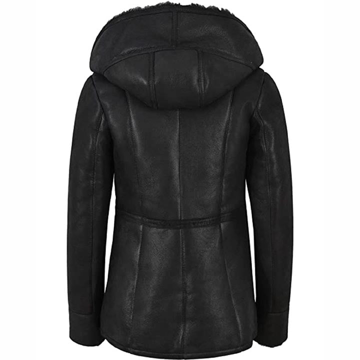 Women's Black Leather Shearling Fur Jacket with Hood - AMSEL LEATHERS