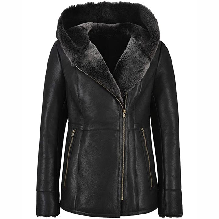 Women's Black Leather Shearling Fur Jacket with Hood - AMSEL LEATHERS