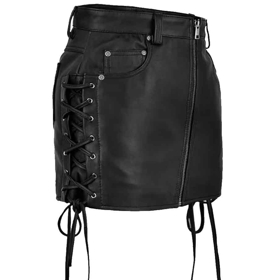 Women's Black Leather Skirt Side lace Up Leather Skirt - AMSEL LEATHERS