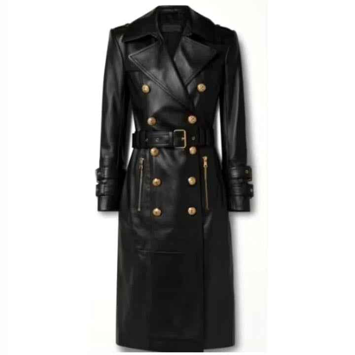 Women's Black Long Leather Trench Coat - AMSEL LEATHERS