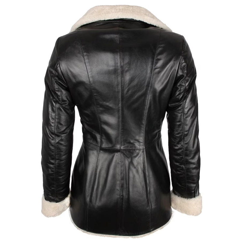 Women's Black Shearling Lambskin Leather Trench Overcoat - AMSEL LEATHERS