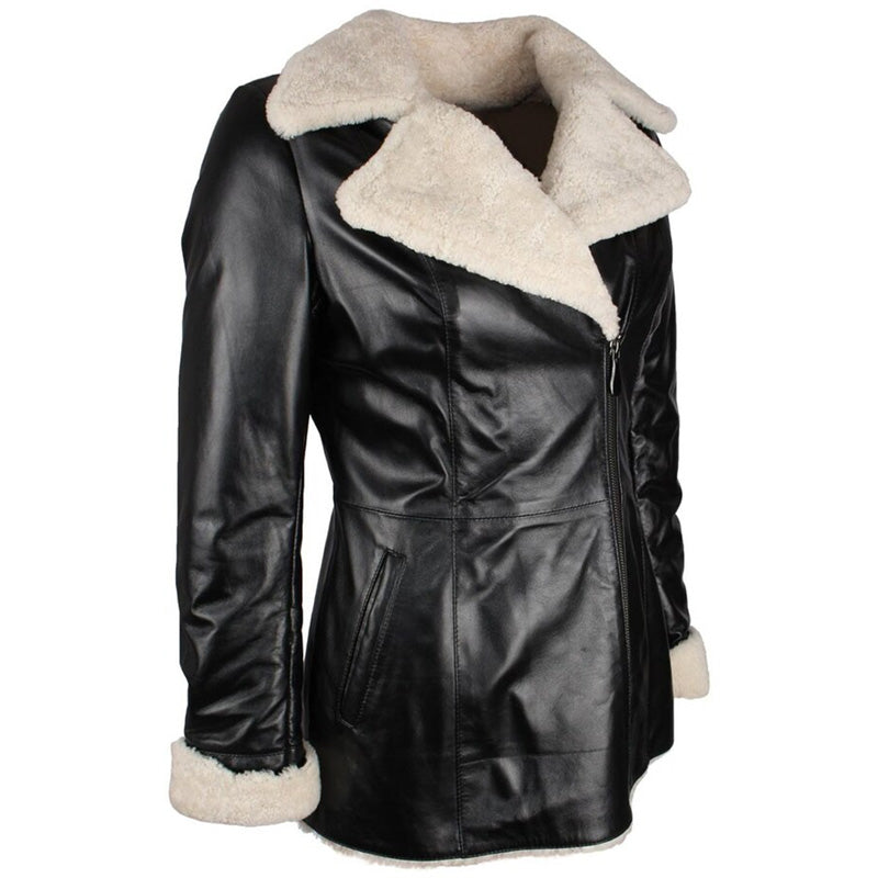 Women's Black Shearling Lambskin Leather Trench Overcoat - AMSEL LEATHERS