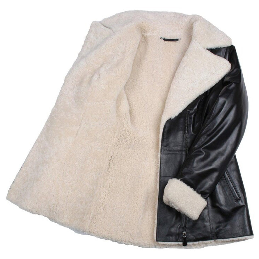 Women's Black Shearling Lambskin Leather Trench Overcoat - AMSEL LEATHERS