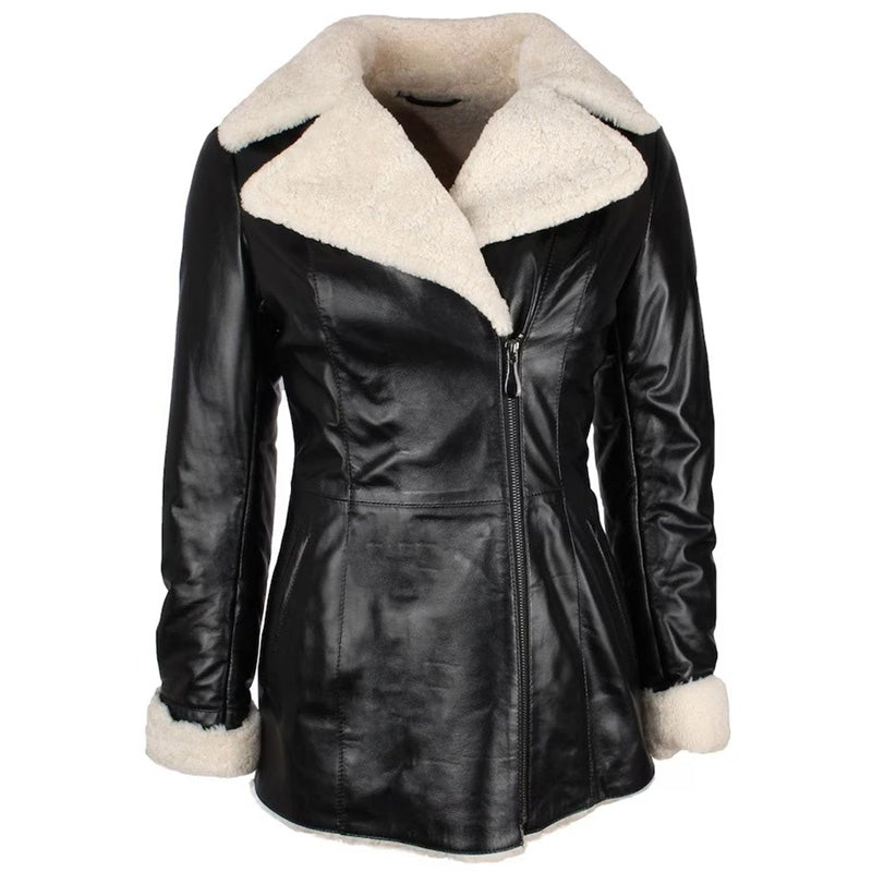 Women's Black Shearling Lambskin Leather Trench Overcoat - AMSEL LEATHERS