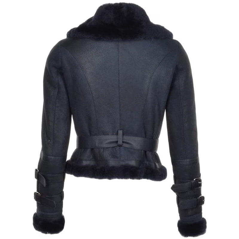 Women's Black Sheepskin Shearling Leather Bomber Jacket - AMSEL LEATHERS