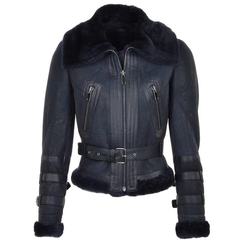 Women's Black Sheepskin Shearling Leather Bomber Jacket - AMSEL LEATHERS