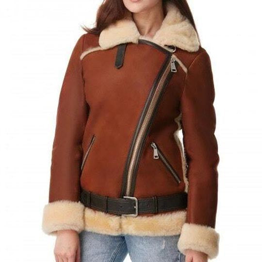 Women's Brown B3 Bomber Shearling Fur Leather Jacket - AMSEL LEATHERS