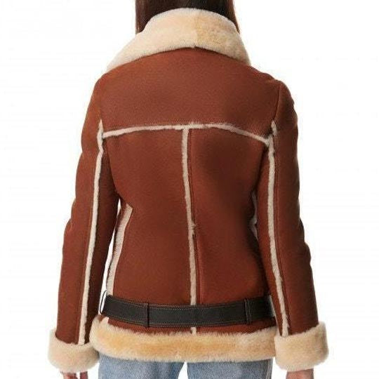 Women's Brown B3 Bomber Shearling Fur Leather Jacket - AMSEL LEATHERS