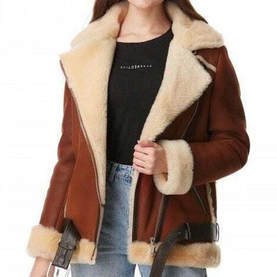 Women's Brown B3 Bomber Shearling Fur Leather Jacket - AMSEL LEATHERS